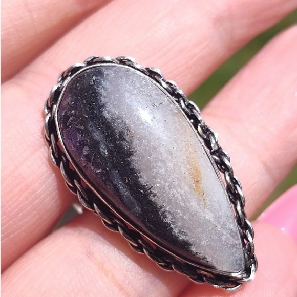 Opalized Fluorite Teardrop Ring with Vintage Design - Picture 2 of 6